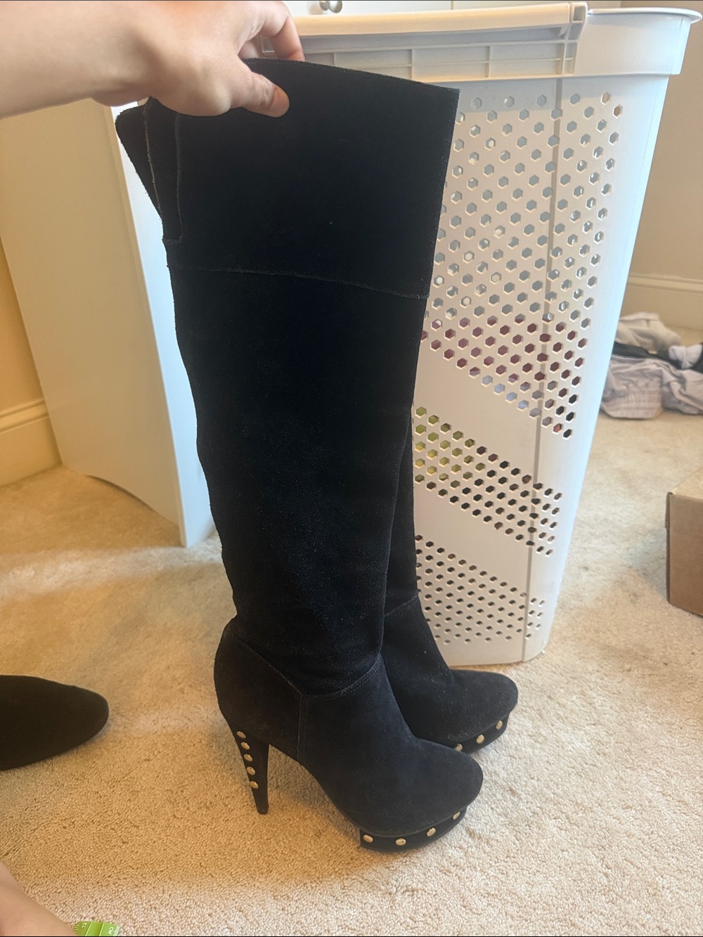 Black Suede Over-the-Knee High Heel Boots with Stud Trim